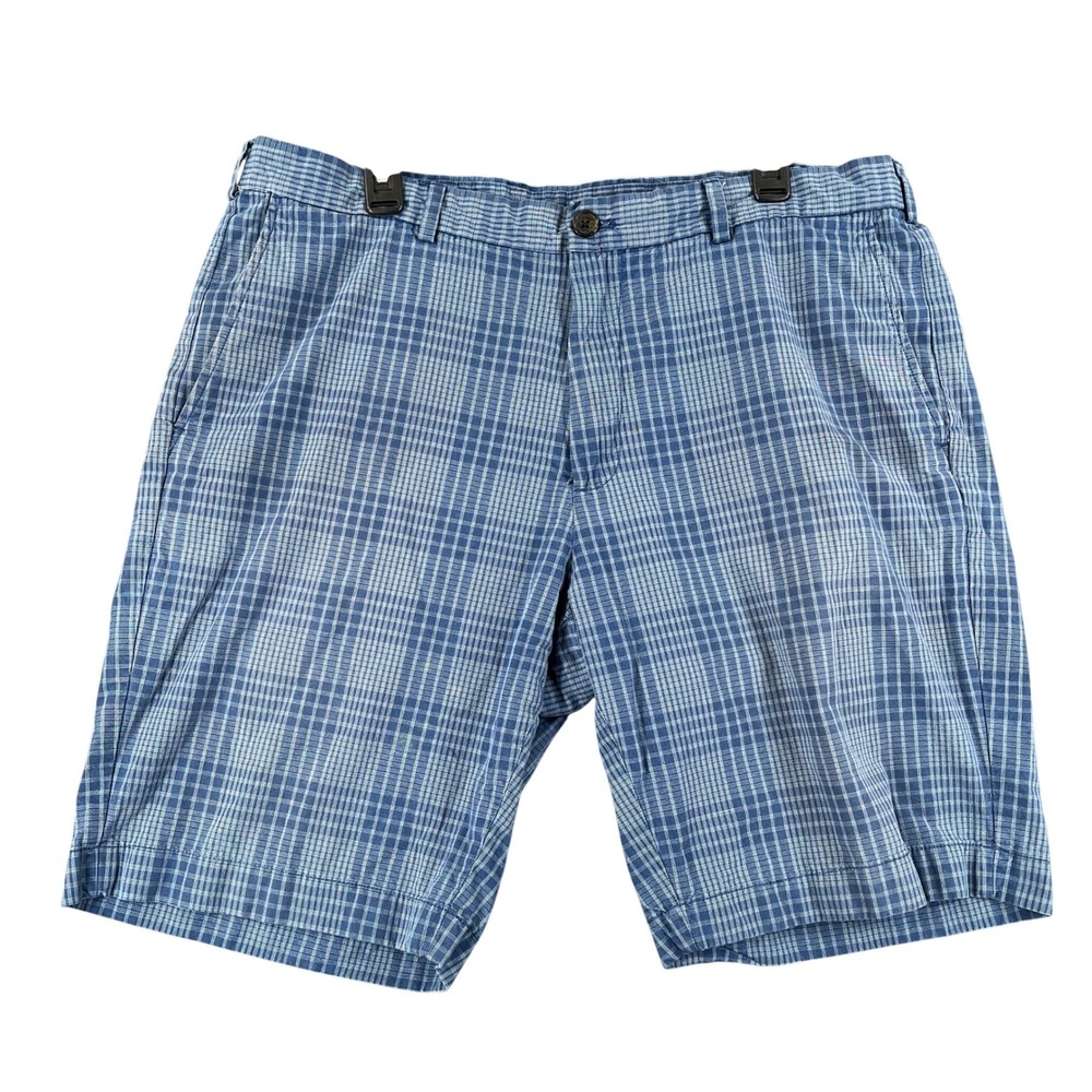 Brooks Brothers Plaid Chino Shorts Mens 38 Blue Cotton Flat Front Preppy Coastal